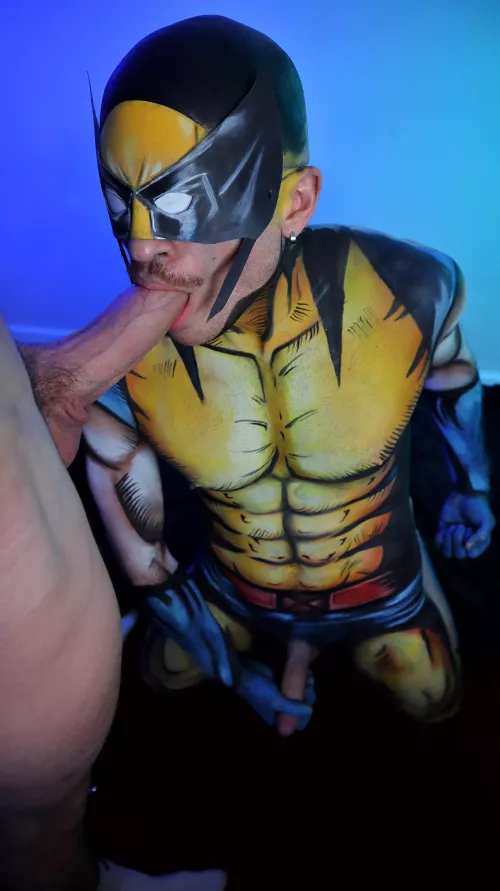 Body painted Wolverine, sucking on my peen.