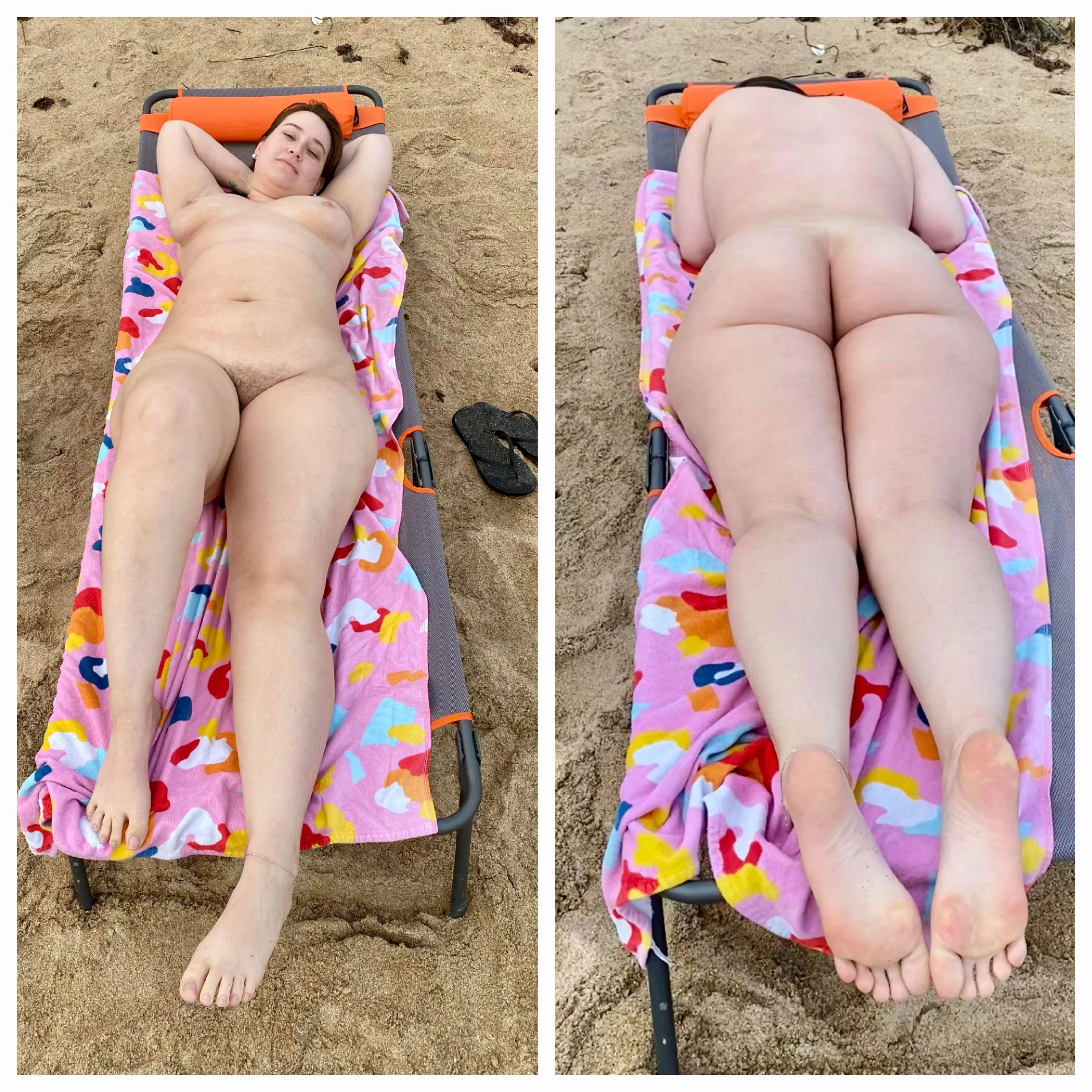 Can this curvy girl with a hairy pussy tan naked beside you ?