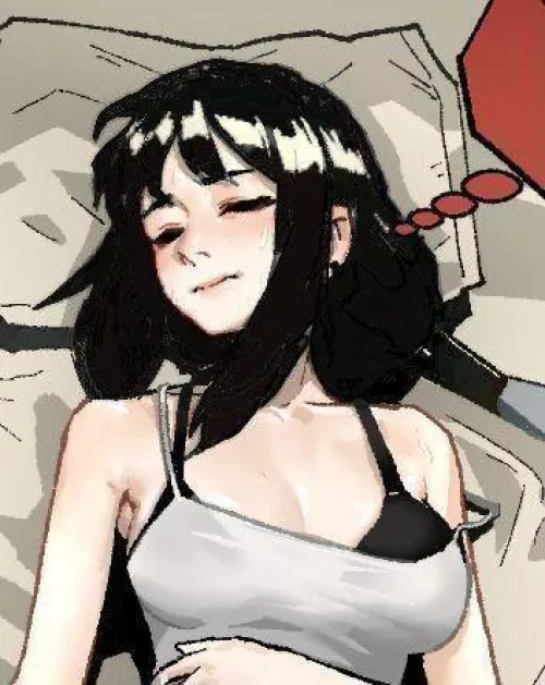 Color: 1girl, thought bubble, pillow, bangs, black hair, dark hair, black bra, white tank-top, bed, creases, bedsheet, sweat, tear, colored, thought bubble, collarbone, meme, hand on stomach, closed eyes,