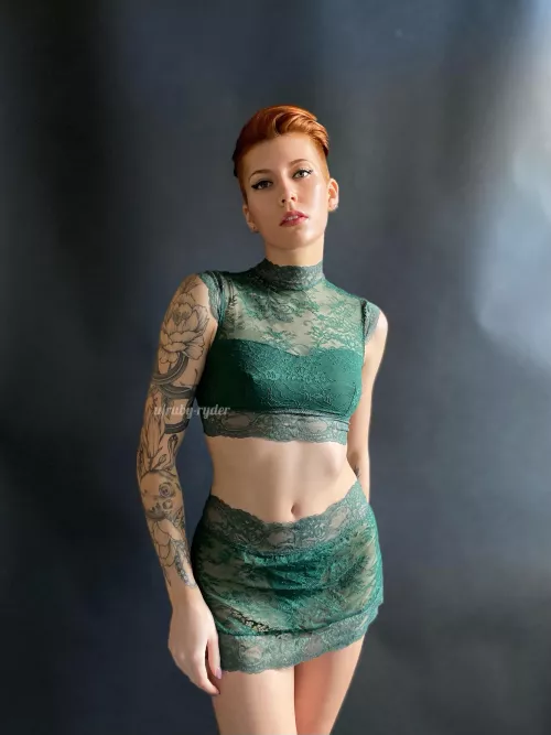 I love red hair and green lingerie together