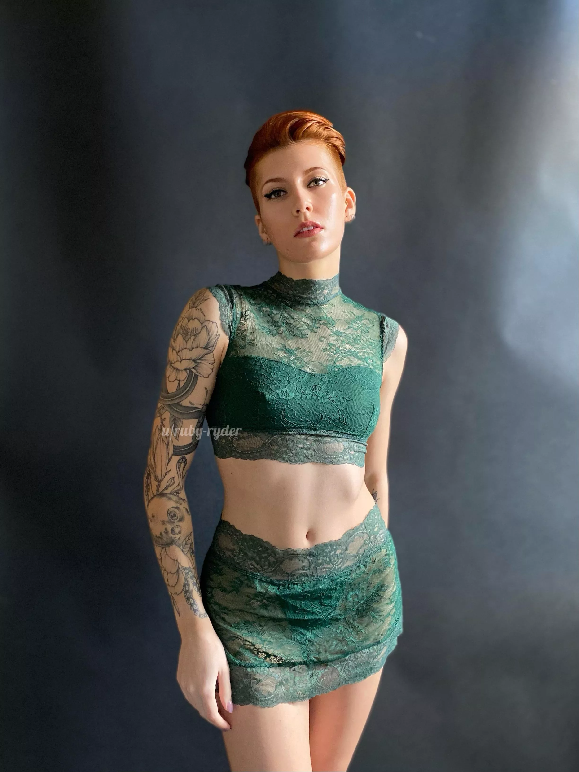 I love red hair and green lingerie together