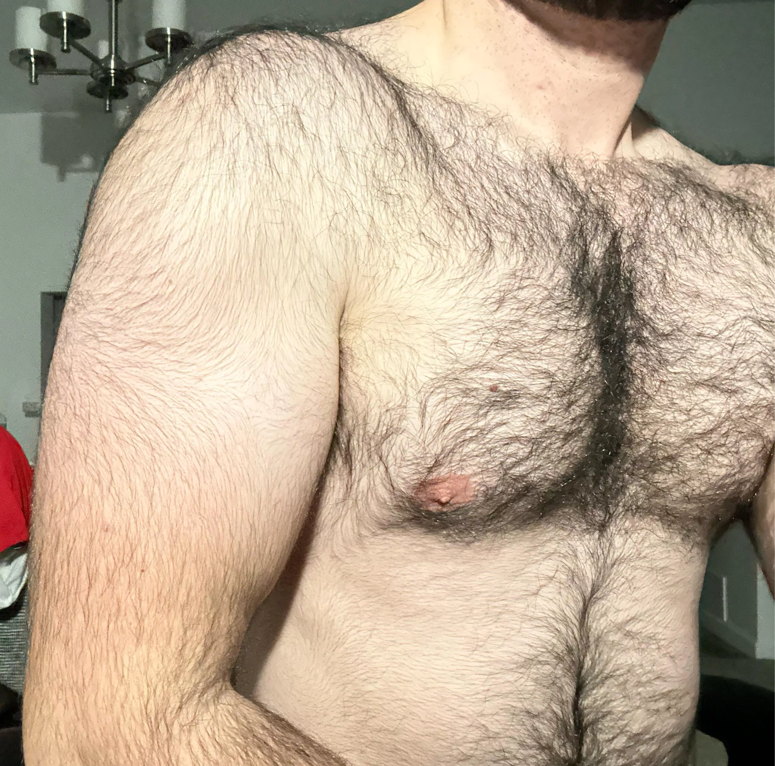 Post workout hairy bicep and chest
