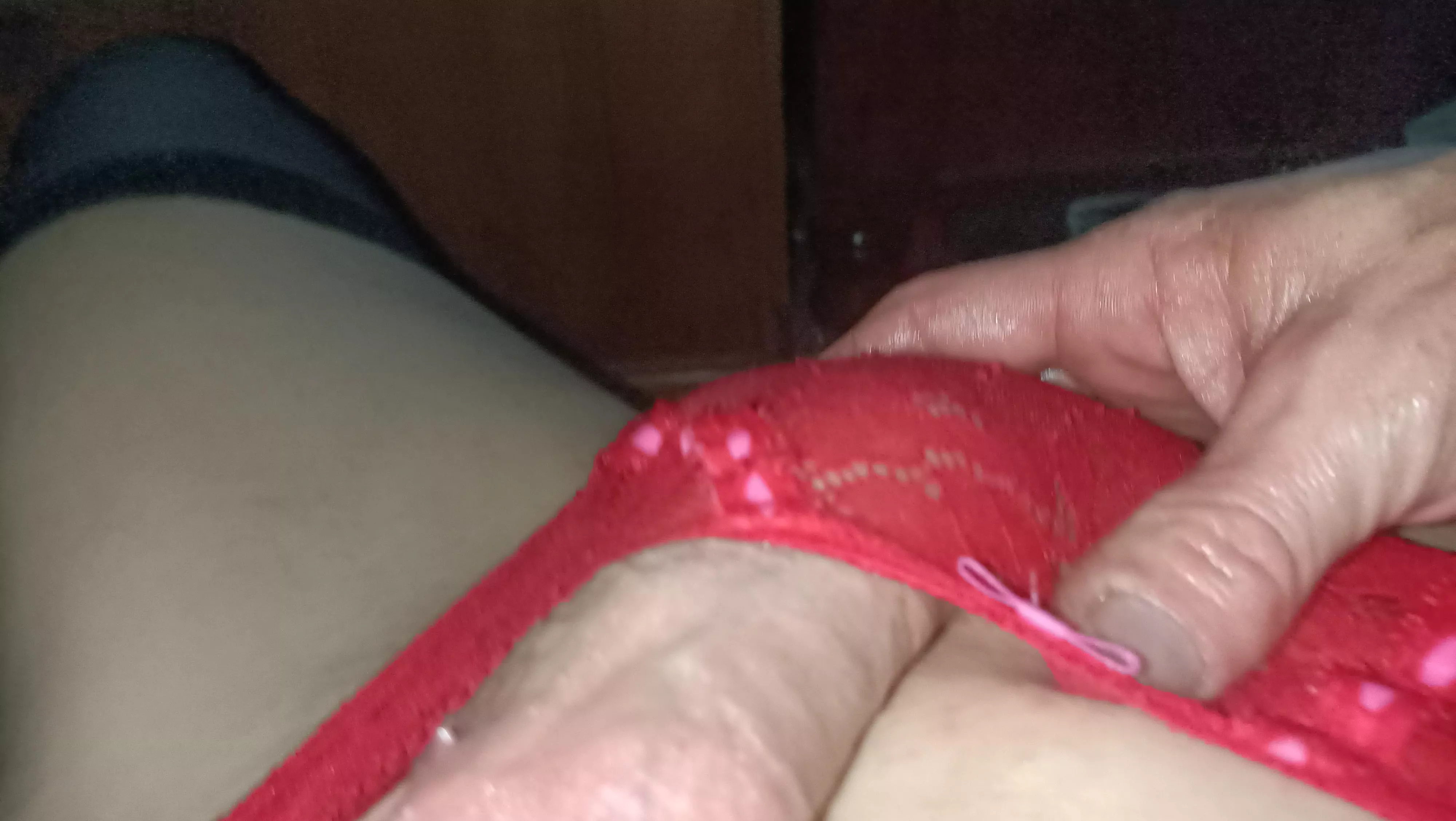 Red panties Black thigh highs and my wet cock.