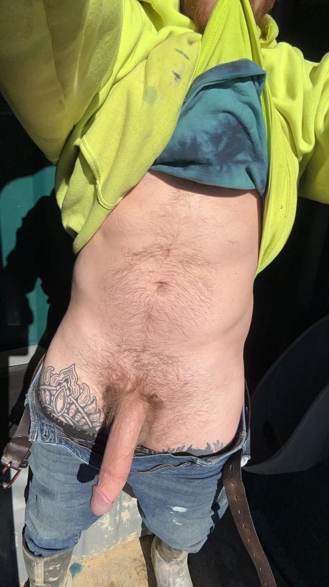 Sunning my cock from the worksite porta potty.