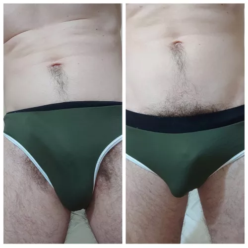Which way is more decent for going to the pool? I've bought the new swimming trunks but it's not able to hide my bush. Don't offer to shave or buy swimming shorts. I think the right one is more suitable because it looks organic with belly hair. What d