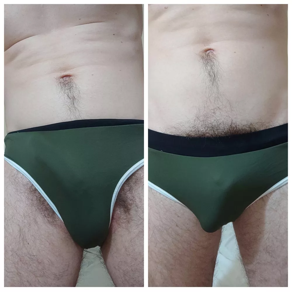 Which way is more decent for going to the pool? I've bought the new swimming trunks but it's not able to hide my bush. Don't offer to shave or buy swimming shorts. I think the right one is more suitable because it looks organic with belly hair. What d