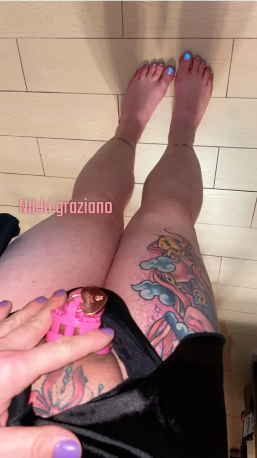 Imagine looking down nails painted, femme tattoos, a permanent pink bow above your cockette and a 1” chastity permanently hindering you from pleasure……I love my life