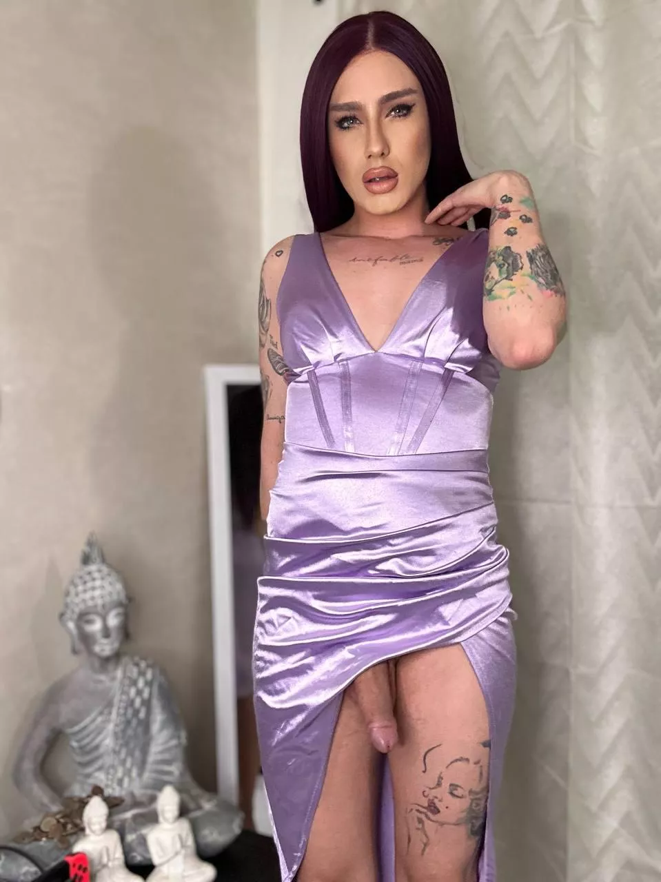 Showing off my bulge under my silky dress