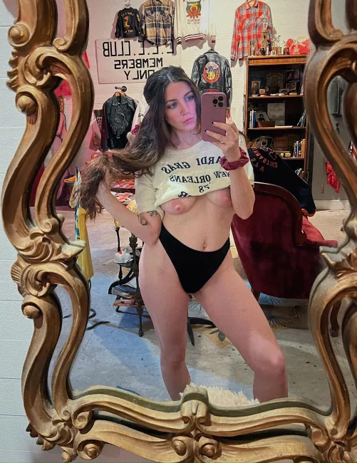 Trying on some new things at the shop