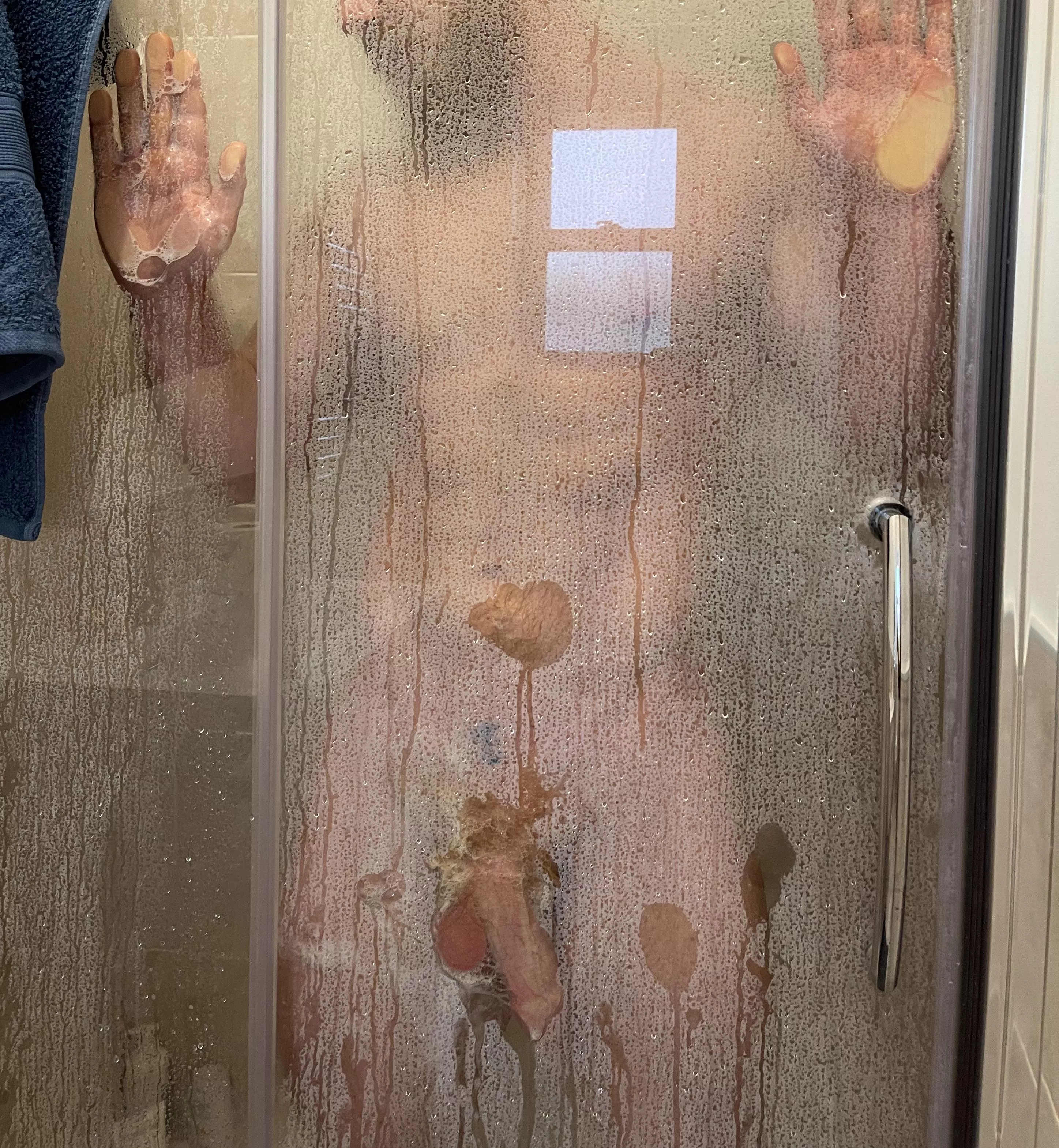 Washing my beard and cock in a steamy hot shower.