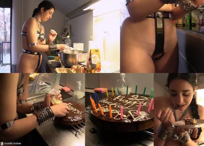 Doing my birthdya cake locked and cuffed!!