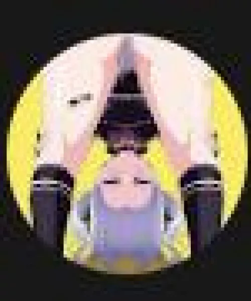 LF Color Source: 1girl, looking through legs, bent over, eyes closed, school uniform, purple/gray hair, yellow background, holding thighs, blushing, flashing panties