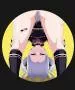 LF Color Source: 1girl, looking through legs, bent over, eyes closed, school uniform, purple/gray hair, yellow background, holding thighs, blushing, flashing panties
