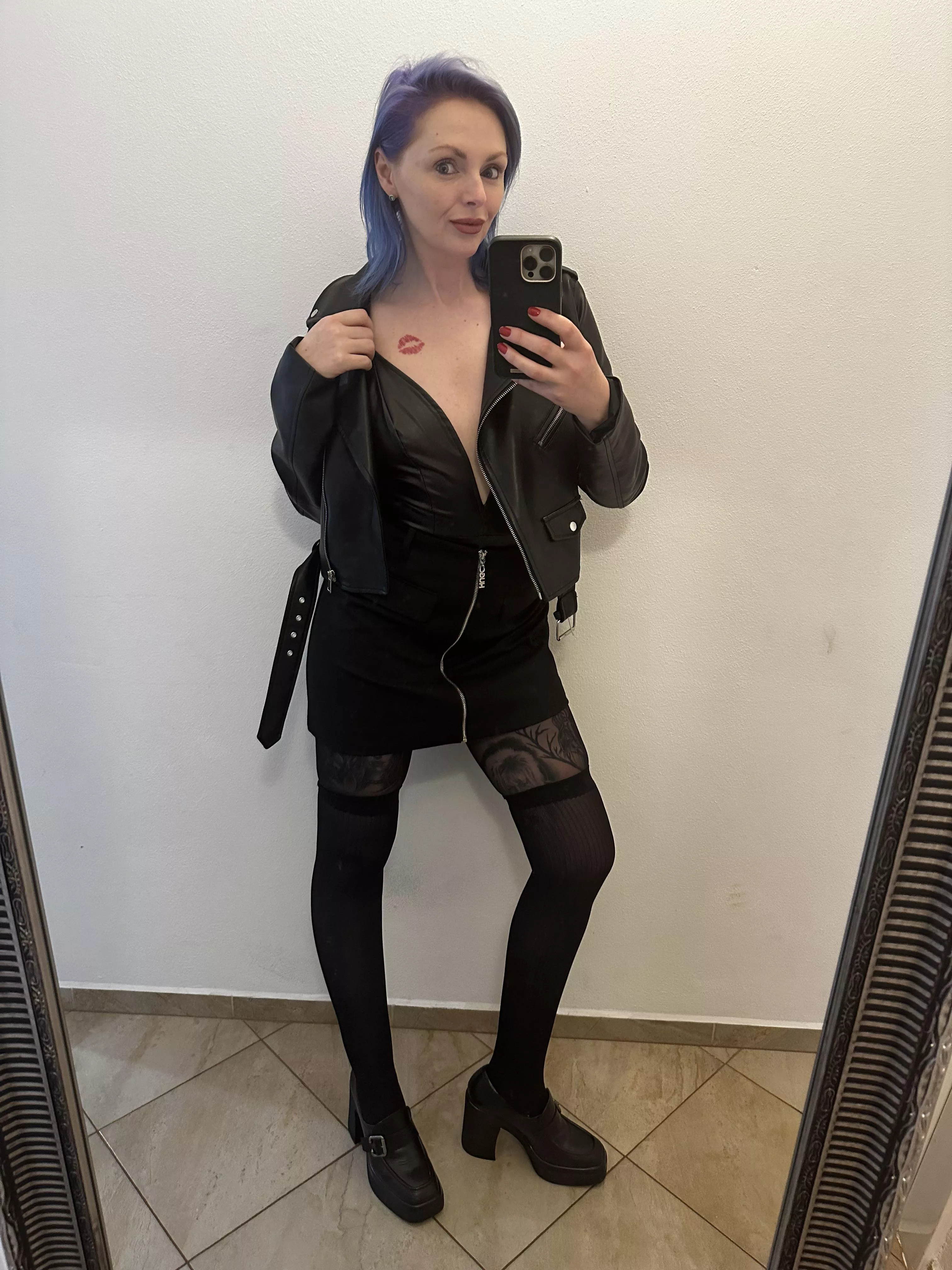 Tonight’s date, leather jacket, body suit and shoes
