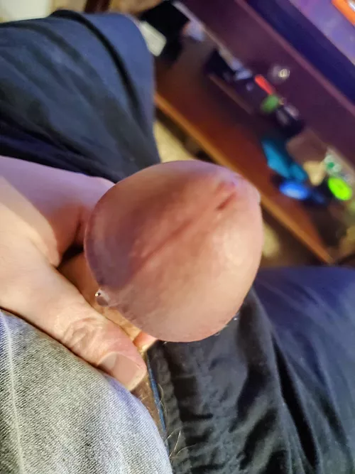 About to drip right off my cockhead. Who's gonna be there to catch it?