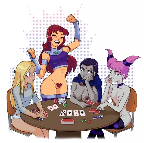 [Blargar] (Teen Titans) Starfire, Raven, Jinx, and Terra enjoying strip poker. All characters are adults