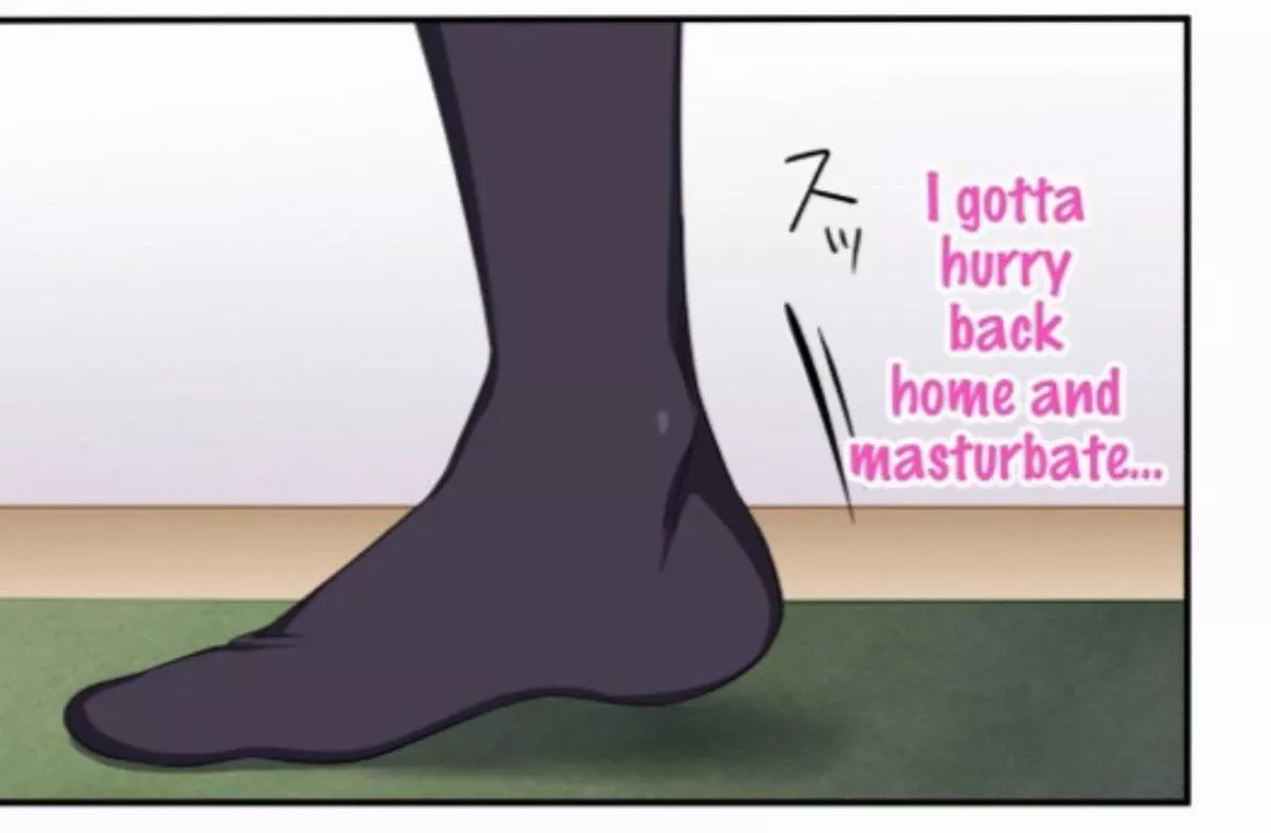 Color, body out of frame, foot, stocking, text “i gotta hurry back home and masturbate”