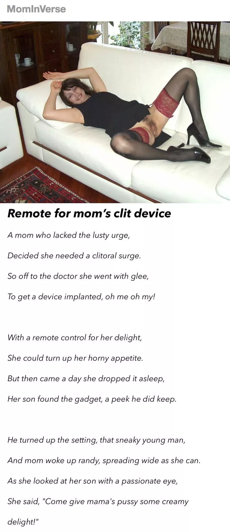 [POEM] A mom with low sex drive gets a device fitted in her clit. To one day her boy finds it’s remote control laying on the floor.