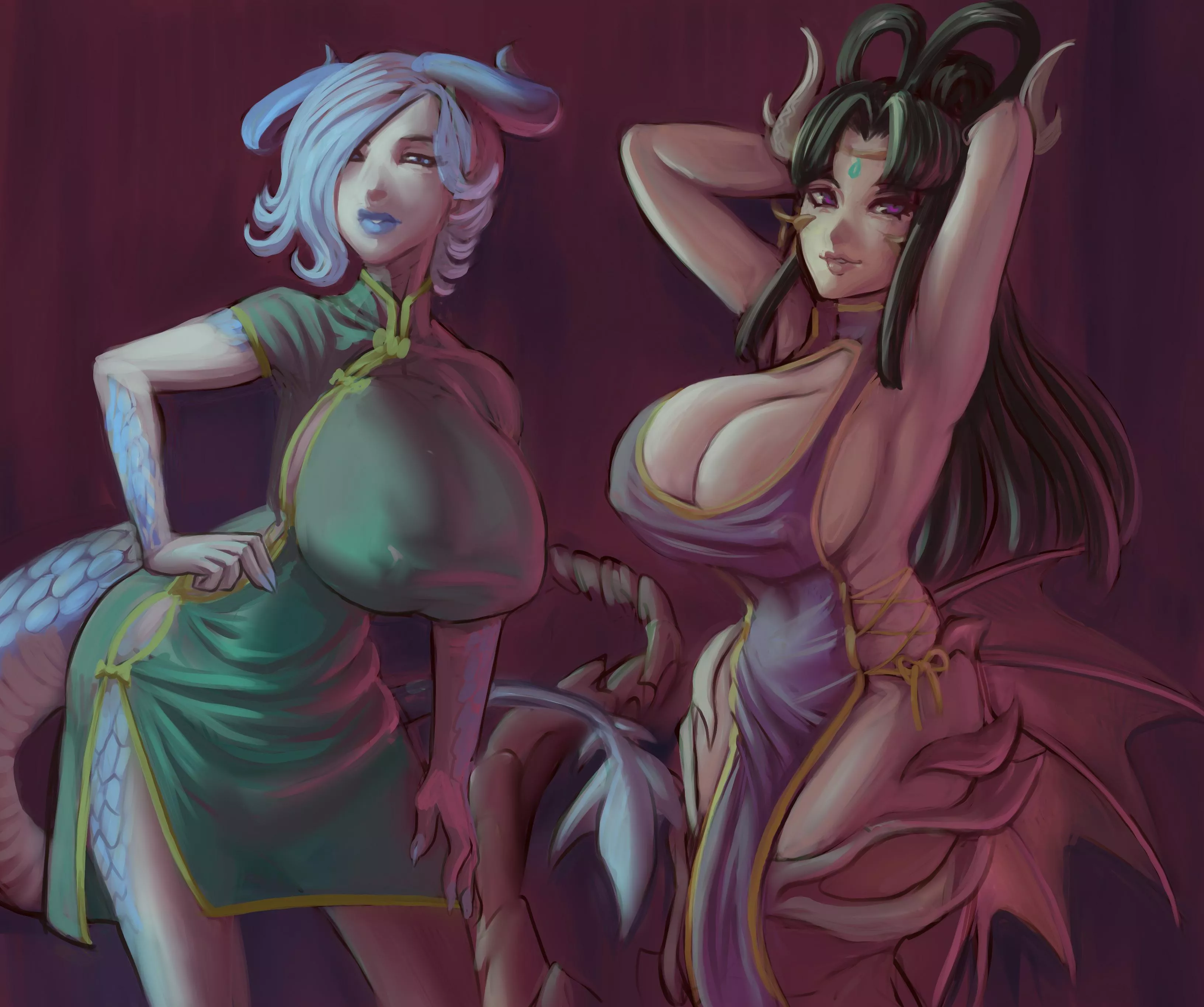 Two Sexy Dragon Girls in Cheongsam outfits (Zilvan)