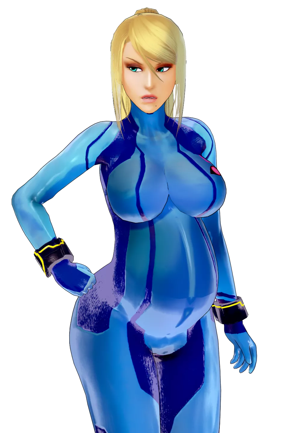 A heavily pregnant Samus glares at her alien captors who forcibly bred her.