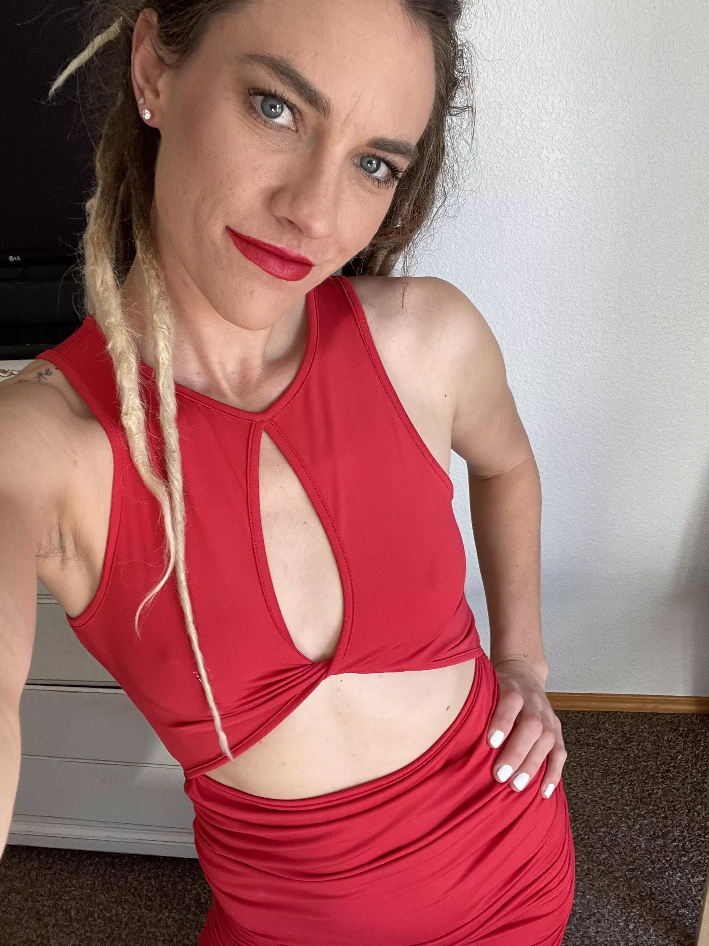 Couldn’t find a bra to hide under this tight dress