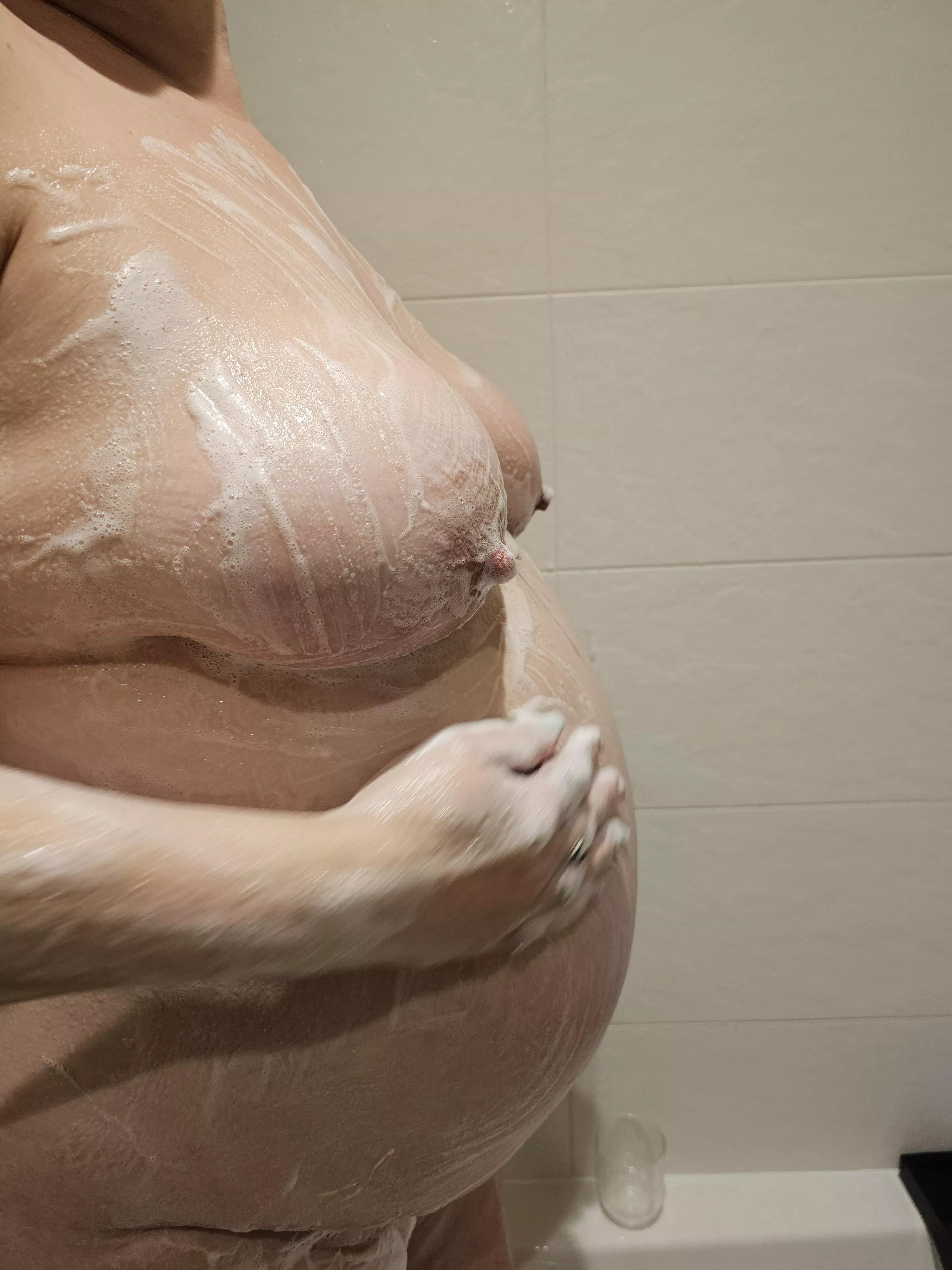 soapy and pregnant. who wants to rinse me off?