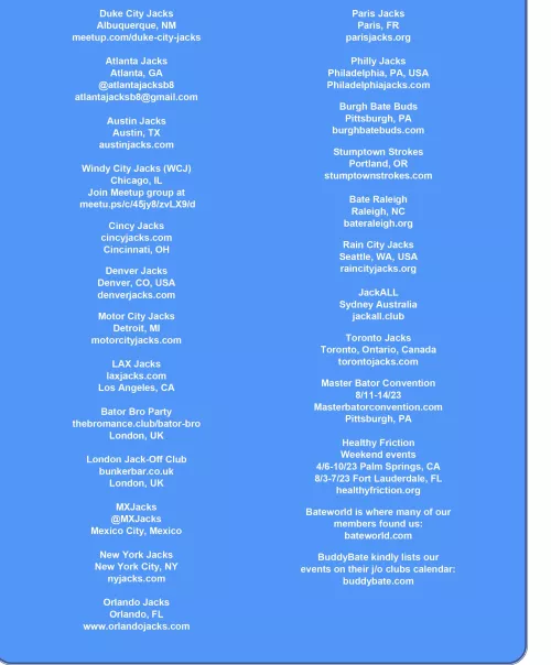 If you would like to hang out with your wang out with a group of guys that like tugging their penis as much as you then here is a list of cities that host Jacks events and how to contact the club owners on how to join