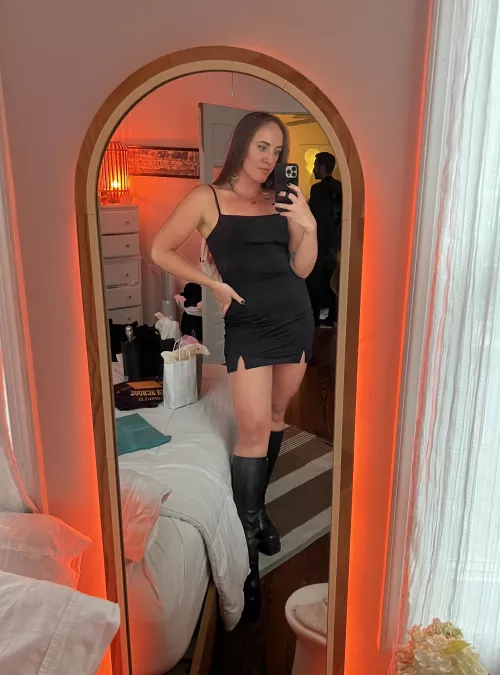 little black dress, tall black boots