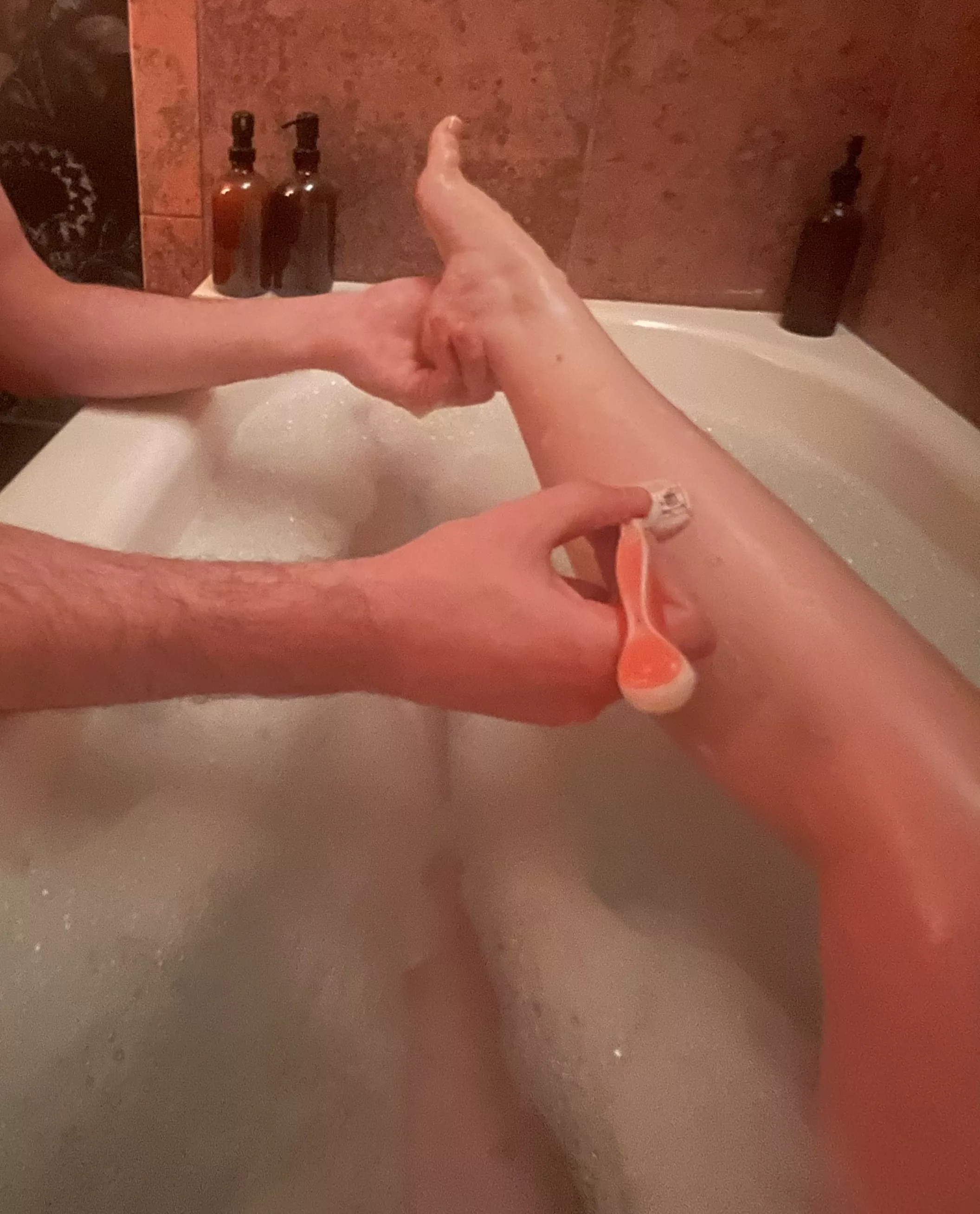 My pet worshiping my legs and feet after a long day