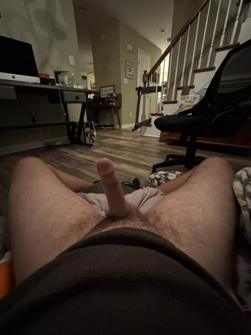 You walk downstairs and find me sitting with my hard cock, what happens next?