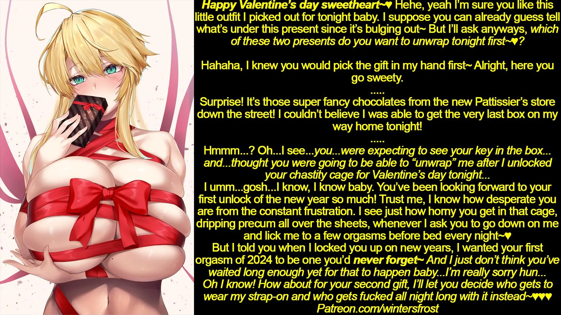 She truly does care. So she at least gave you the choice on Valentine's day this year~ [chastity] [strap-on]