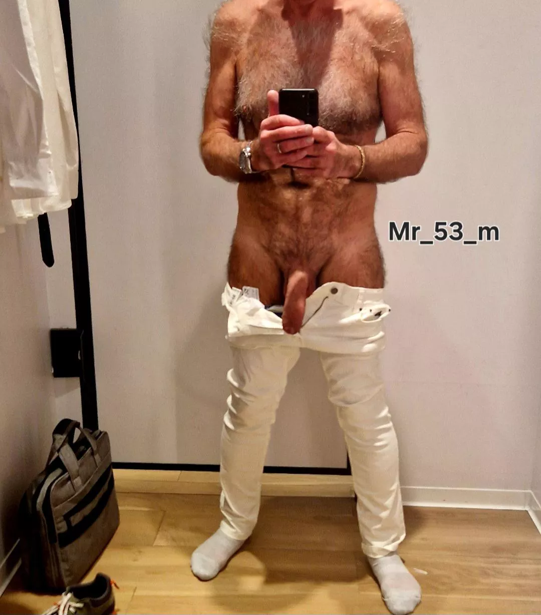 Trying on skinny white jeans. Don't want any VPL, so commando it is....💪🍆