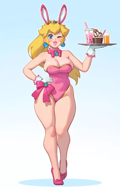 Princess Peach - Bunny Peach waitress brings your order and a complementary free wink (Riz, rizdraws) [Super Mario]
