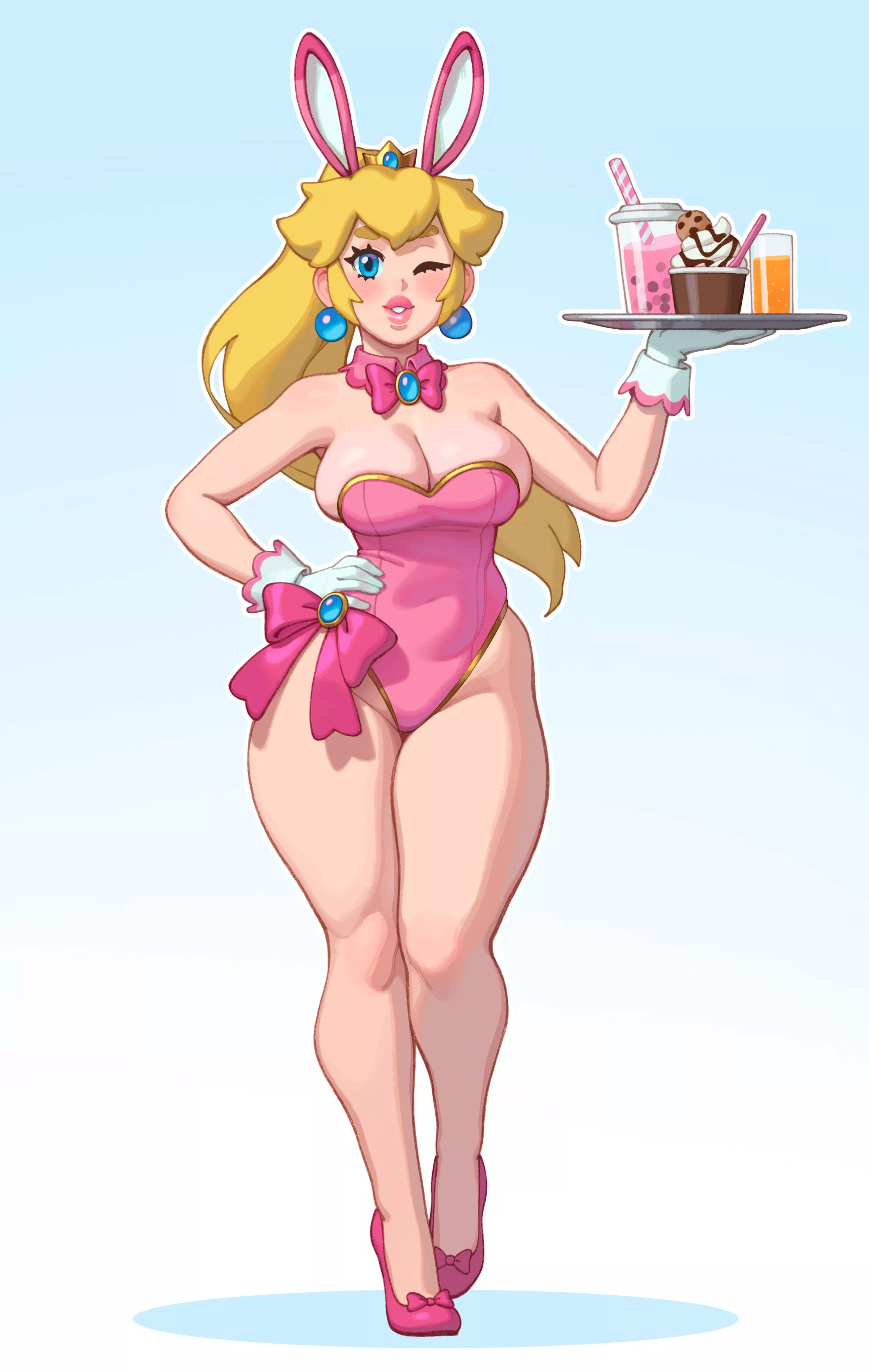 Princess Peach - Bunny Peach waitress brings your order and a complementary free wink (Riz, rizdraws) [Super Mario]