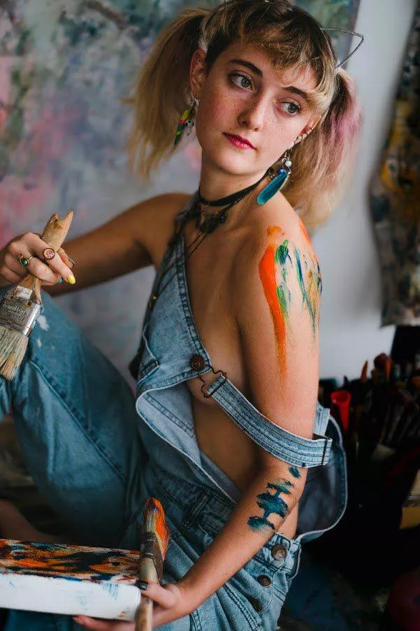 tangled in pigtails, paintbrushes teasing naughty strokes. denim of desire F18