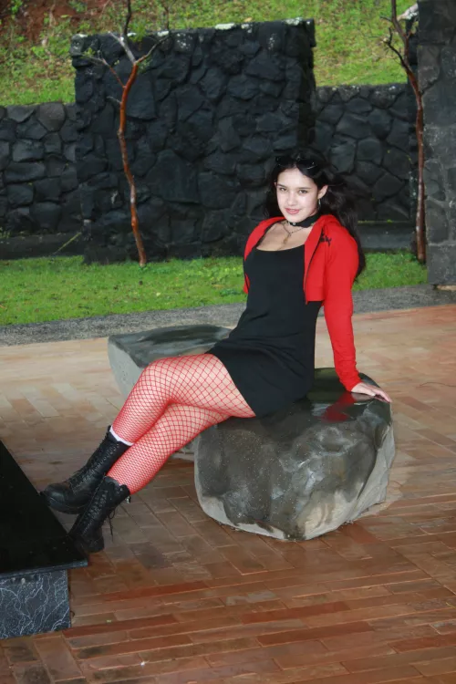 Showing off my red fishnets and big black boots