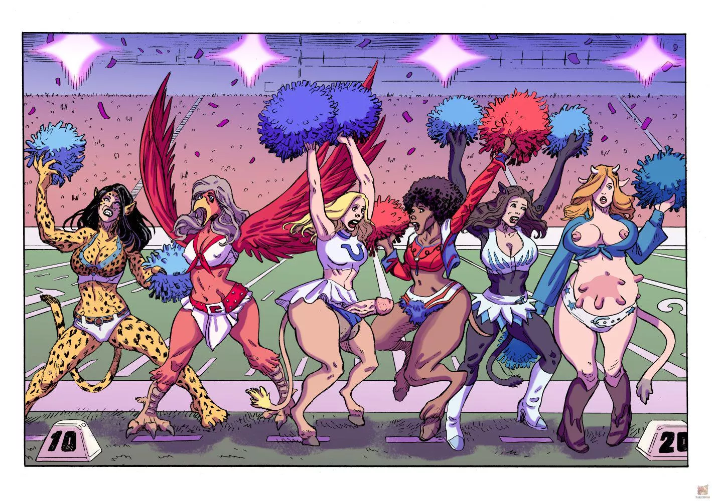 Showing Off Their Team Spirit! [F cheerleaders > F anthro various] (horse girl, cow girl, bird girl, cat girl, futa)