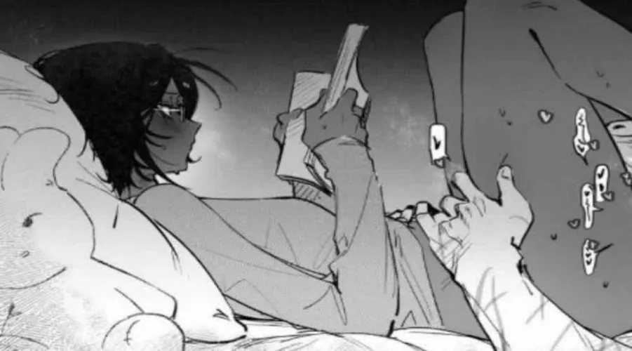 LF Mono Source: 1boy, 1girl, cunnilingus, dark skin, black hair, glasses, sweater, reading a book, scars on arms, veiny arm, sweat, sfx,