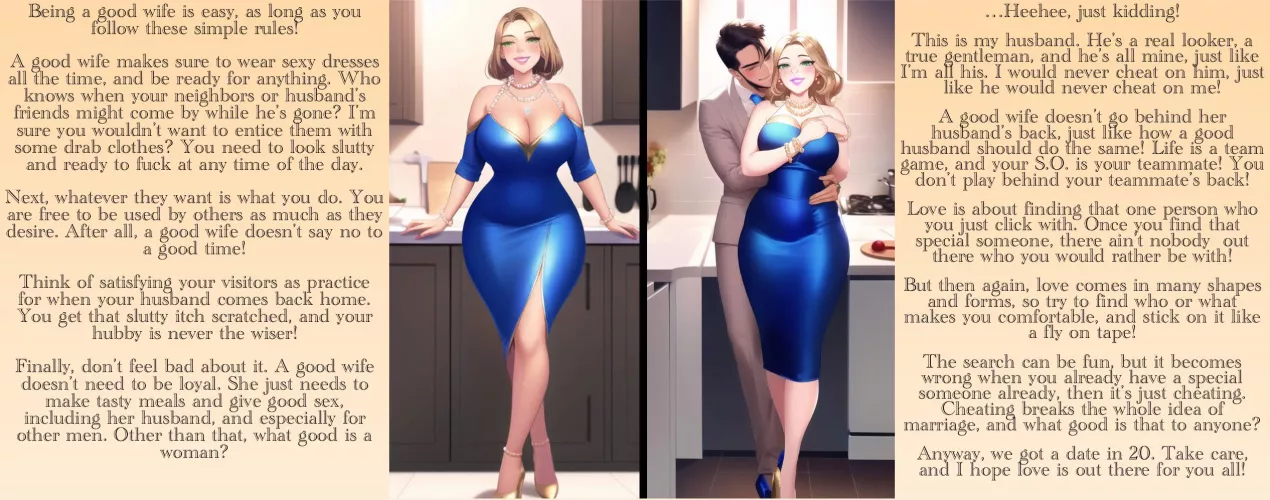 A good wife [evil turned wholesome] [twist] [“cheating”] but also [not cheating]