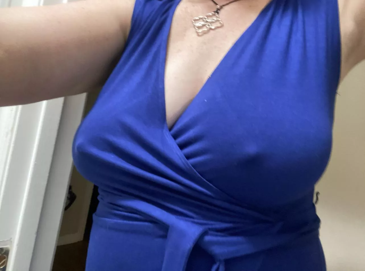 Blue dress with a deep plunge in the front!