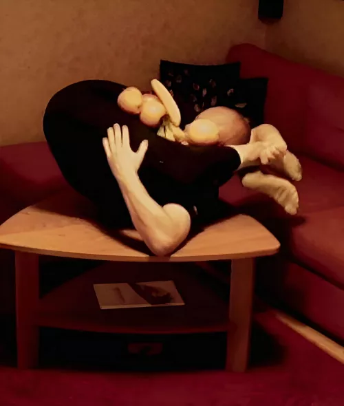 Folded up with my legs behind my head into a fruit bowl.