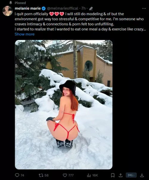 [Melanie Marie] retired from mainstream porn 😔