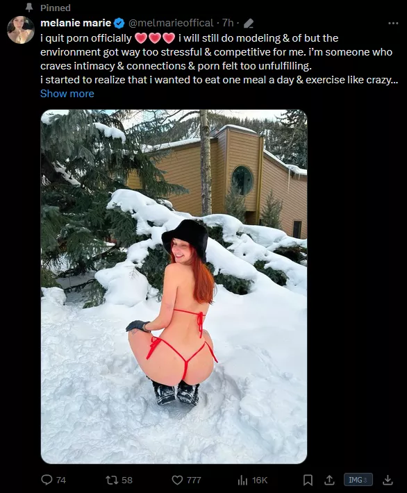 [Melanie Marie] retired from mainstream porn 😔