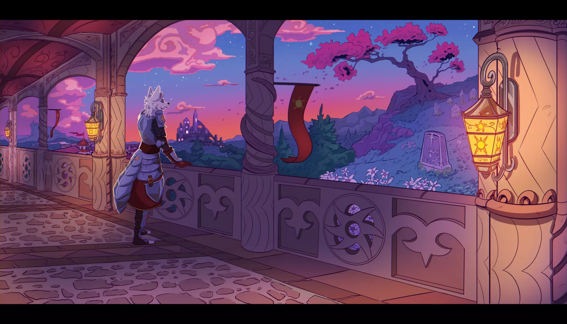 A big personal drawing I finished recently featuring my wolf knight, lady Mara :)