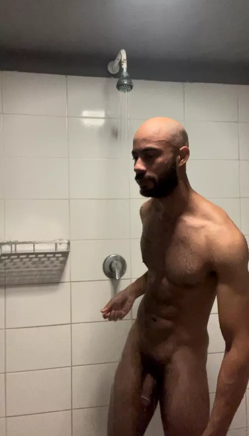 Right before I notice my bro taking a look at my cock in the gym shower which will blow my cover cause I won't be able to hide the boner he gives me [35]