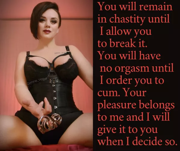 You will remain in chastity until I allow you to break it. You will have no orgasm until I order you to cum. Your pleasure belongs to me and I will give it to you when I decide so.