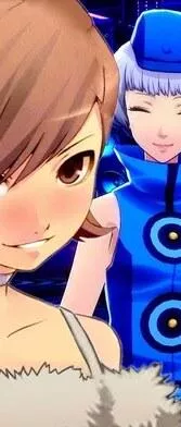 LF color source: 1girl, crop, Yukari Takeba, persona 3, smiling, fur, collar, short hair, brown hair, brown eyes, bare shoulder, teeth
