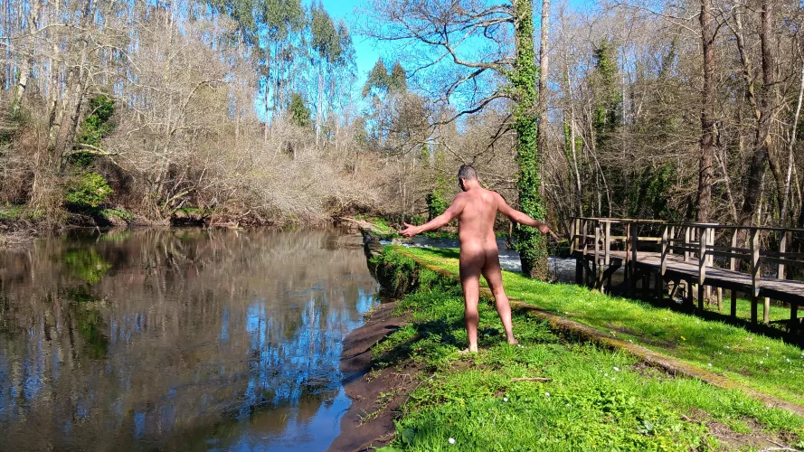 Nude in the river. Perfect winter sunny day