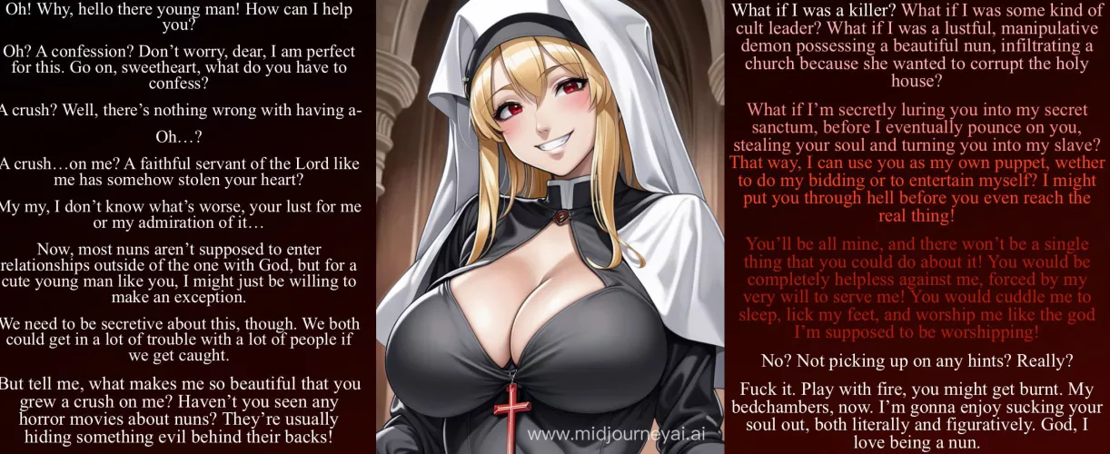 The red flags really compliment her demonic red eyes [demon nun] [listener is kind of a dumbass] [definitely Yandere vibes] [lots of red flags] [corruption]