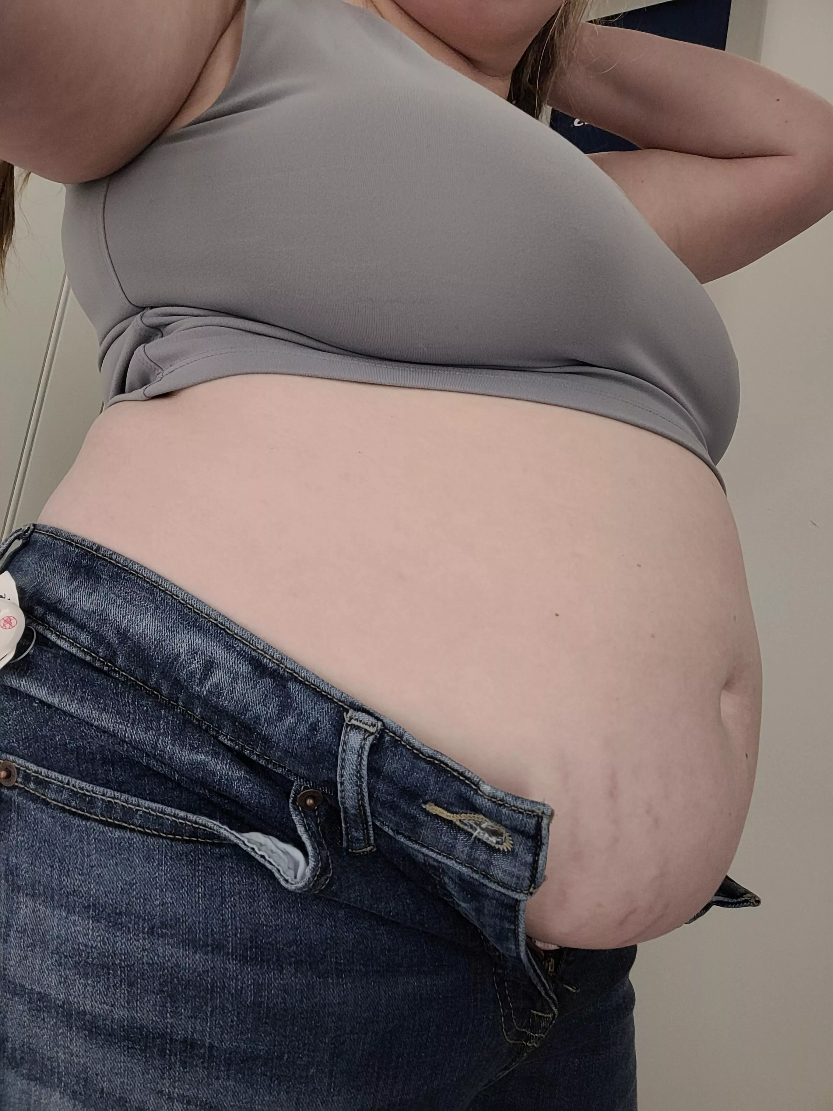 pov: you haven't bought jeans since 2019 and just tried on the biggest pair in the store that are twice your old size, and they're still too small. 